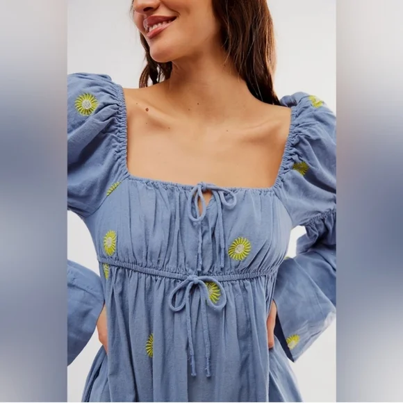 Free People Emory Embroidered Cotton-Linen Blend Maxi Dress size L - Picture 3 of 10